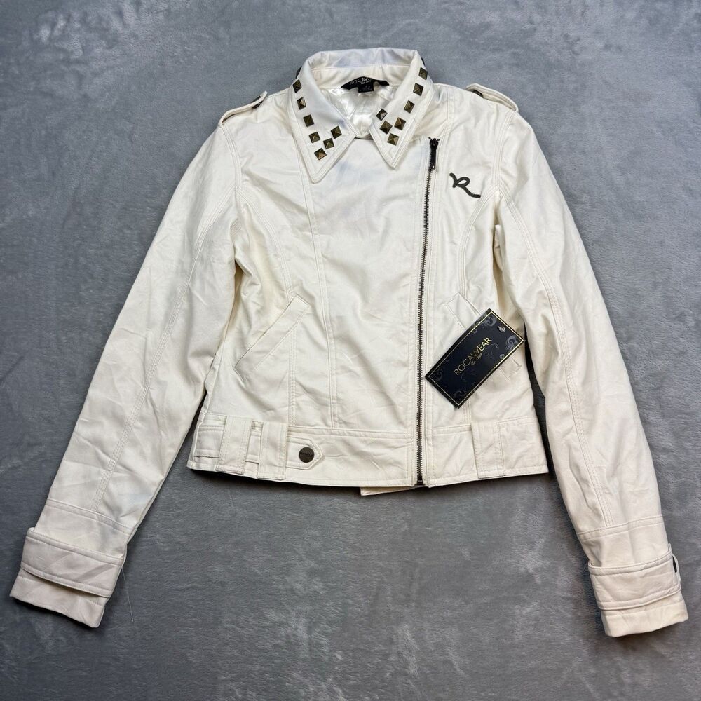 Rocawear Women's White Faux Leather Moto Jacket Studded Biker Size S Y2K NWT